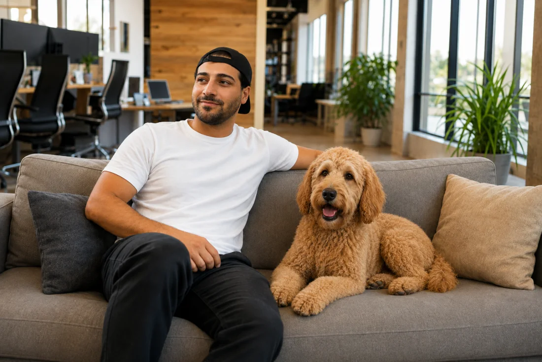 Ali Hussein mit Tommy auf dem Sofa im Büro